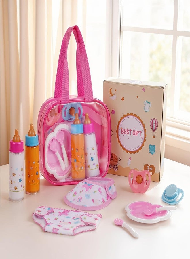 BABESIDE مجموعة إكسسوارات دمى الأطفال من بيبي سايد، تتضمن 10 قطع من أدوات إطعام الدمى المخفية لعربة الأطفال، ومجموعة لعب تمثيلية للعناية بالطفل مع زجاجات سحرية، ولهّايات، ومريلة، وحفاضات، وحقيبة حمل للدمى التي يتراوح طولها بين 12 و15 بوصة. - Image 1